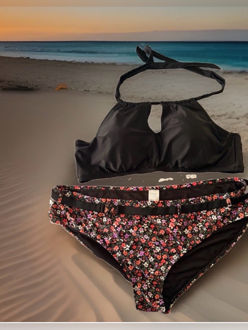 Time & Tru 2 Piece plus size bikini, Floral Bottoms, Solid Black Padded Halter